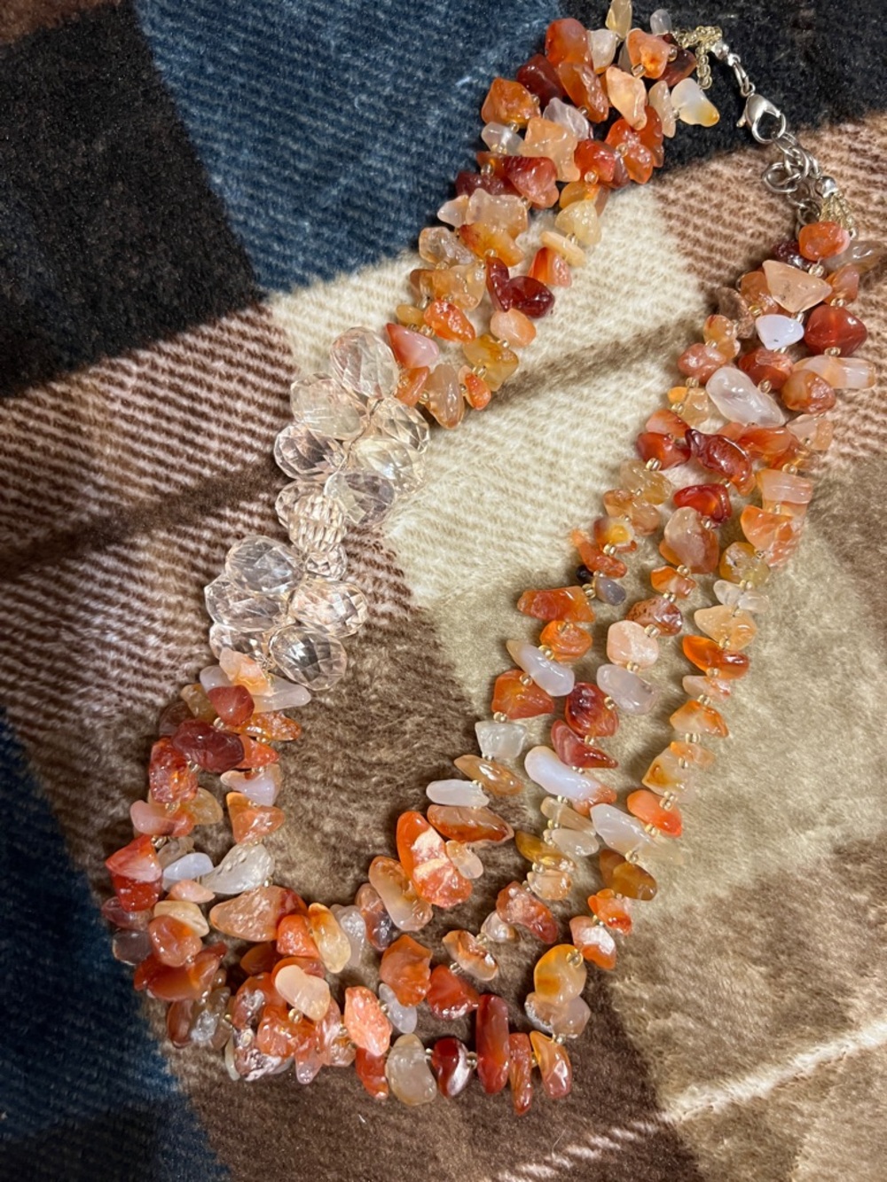 Multi-Strand Carnelian Chip Necklace with Clear Crystal Accent - Orange